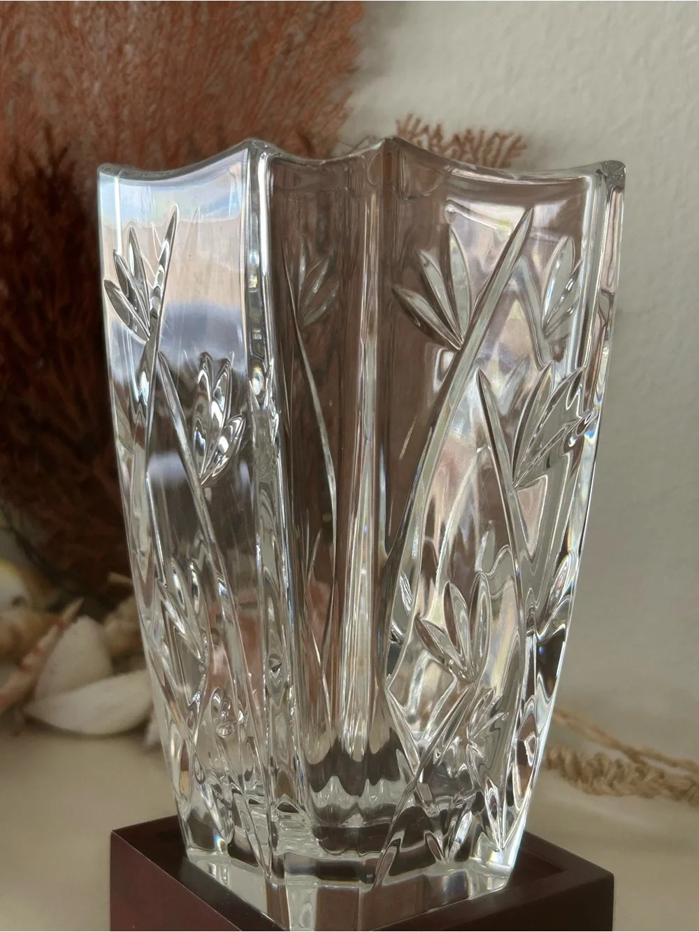 Waterford Crystal Bamboo Etched 6” Vase With Wood Base